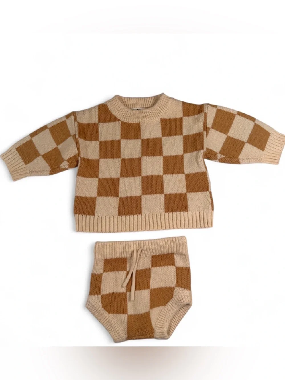 Checker Knit Kids Matching Set in Beige and Brown